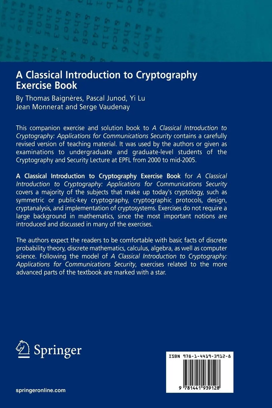 Rückseite: 9781441939128 | A Classical Introduction to Cryptography Exercise Book | Taschenbuch
