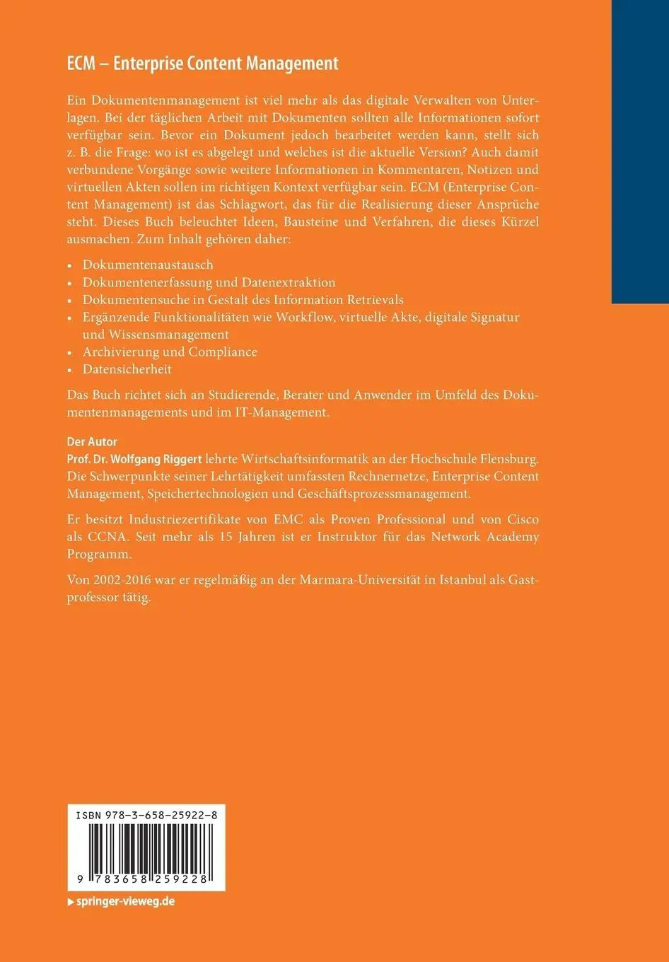 Rückseite: 9783658259228 | ECM - Enterprise Content Management | Wolfgang Riggert | Taschenbuch