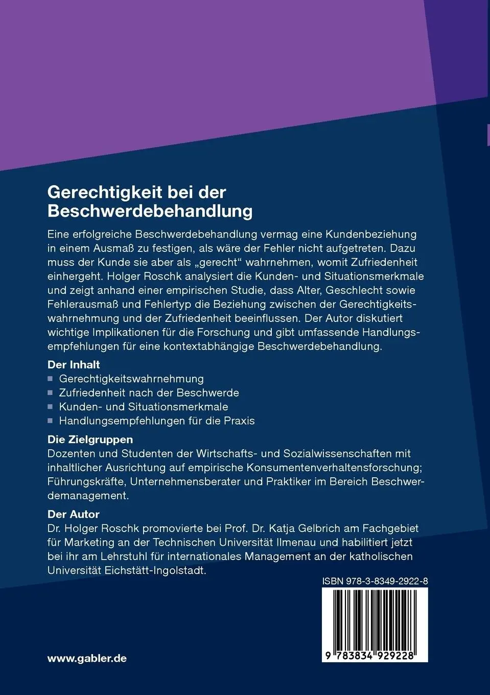 Rückseite: 9783834929228 | Gerechtigkeit bei der Beschwerdebehandlung | Holger Roschk | Buch
