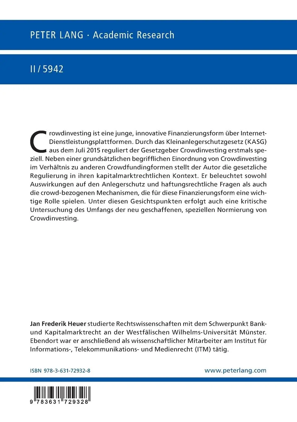 Rückseite: 9783631729328 | Die Regulierung von Crowdinvesting durch das Kleinanlegerschutzgesetz