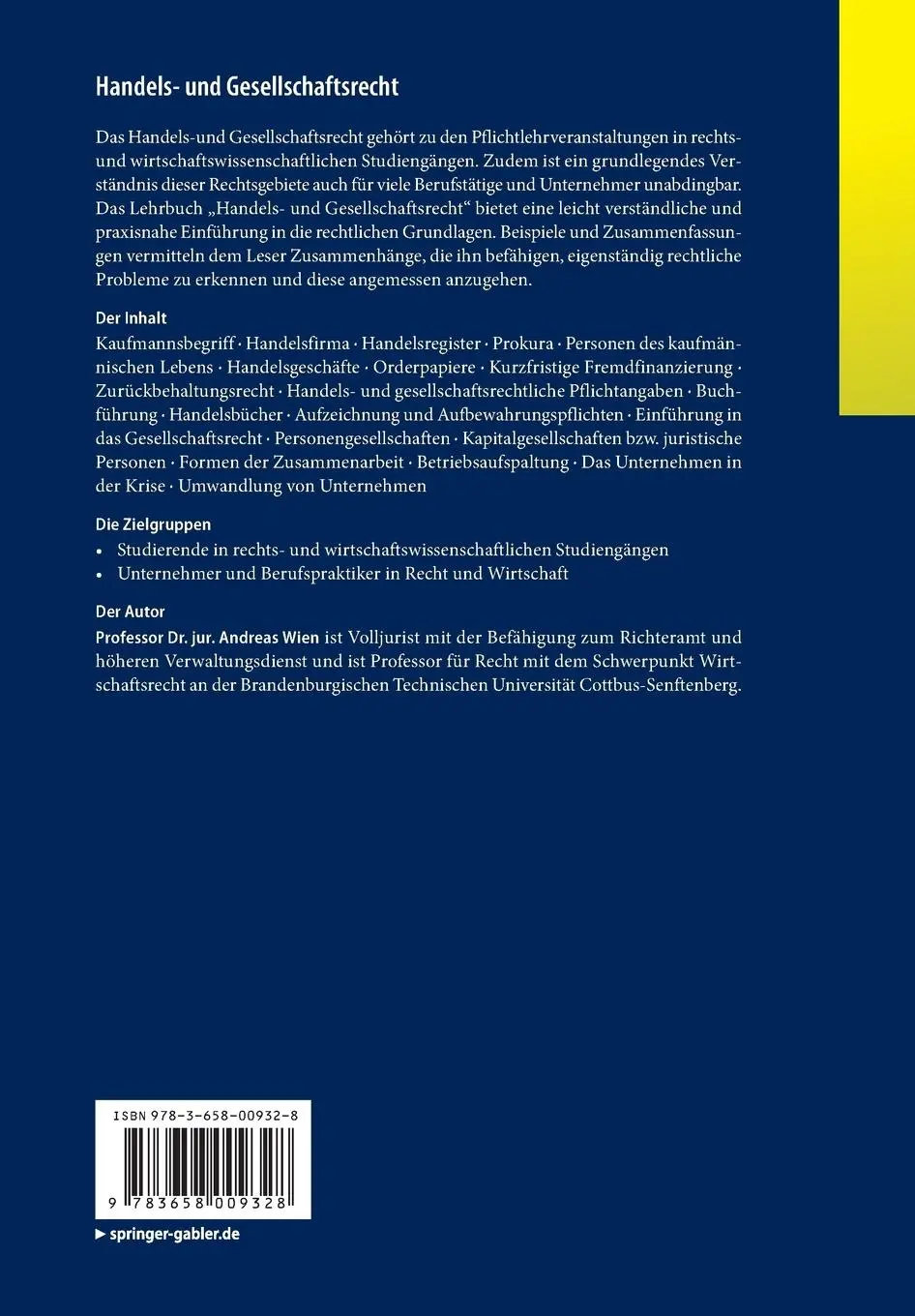 Rückseite: 9783658009328 | Handels- und Gesellschaftsrecht | Eine praxisorientierte Einführung