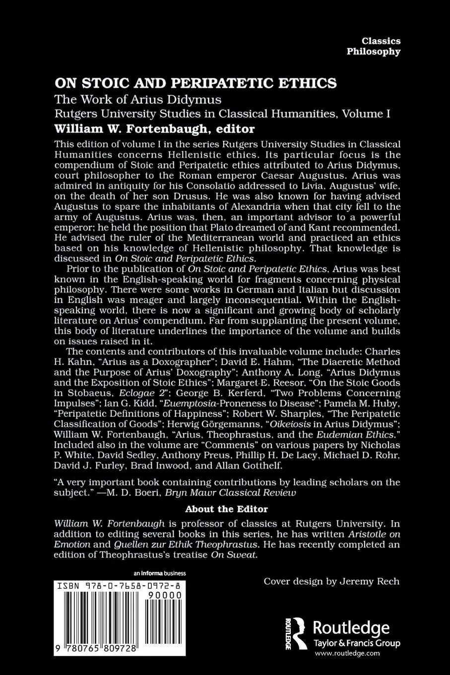 Rückseite: 9780765809728 | On Stoic and Peripatetic Ethics | The Work of Arius Didymus | Buch