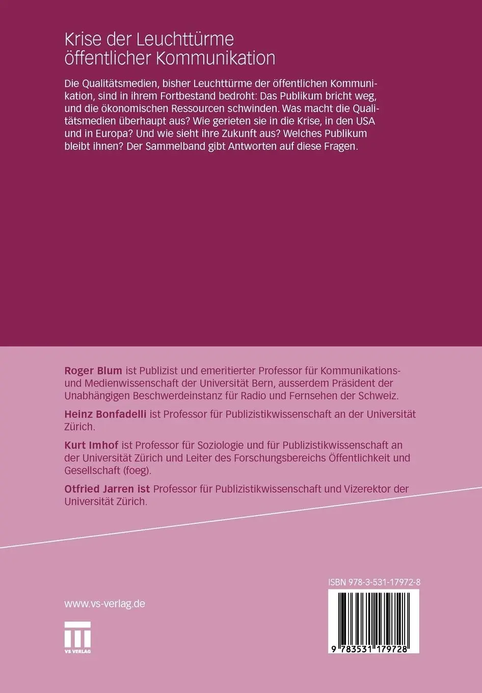 Rückseite: 9783531179728 | Krise der Leuchttürme öffentlicher Kommunikation | Roger Blum (u. a.)