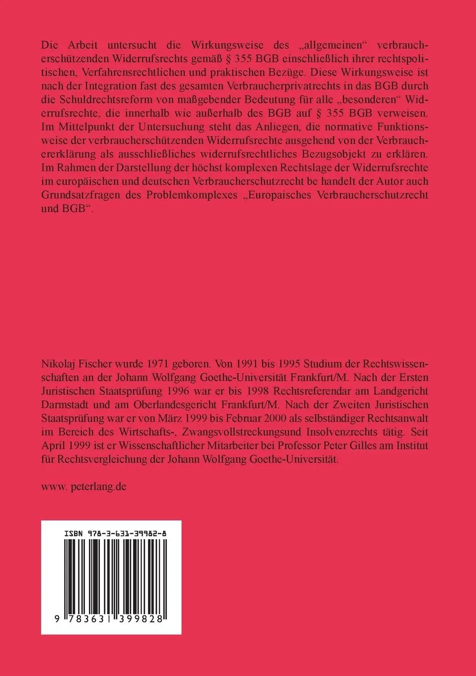 Rückseite: 9783631399828 | Das allgemeine verbraucherschützende Widerrufsrecht gemäß § 355 BGB