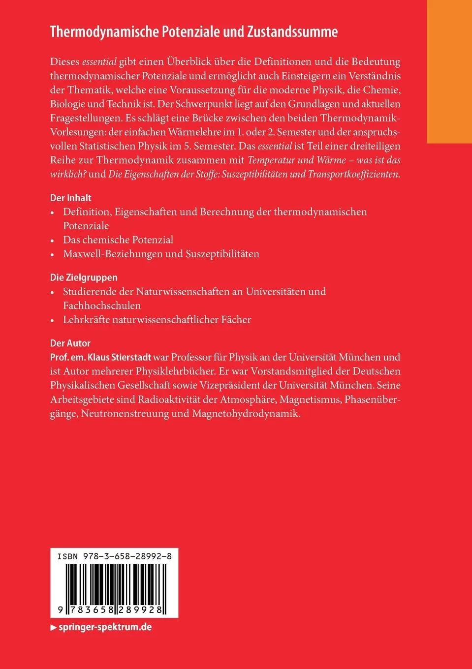 Rückseite: 9783658289928 | Thermodynamische Potenziale und Zustandssumme | Klaus Stierstadt