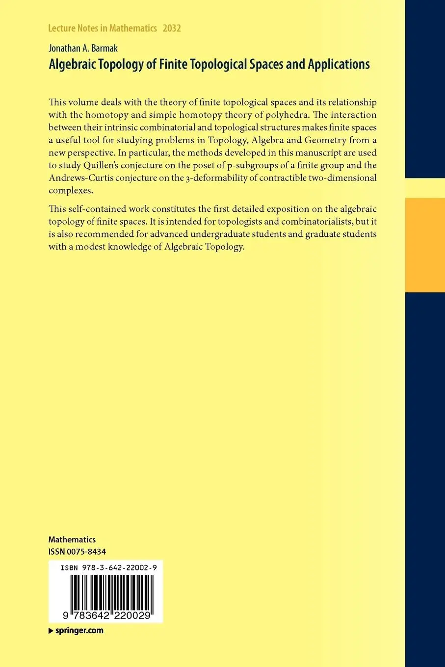 Rückseite: 9783642220029 | Algebraic Topology of Finite Topological Spaces and Applications