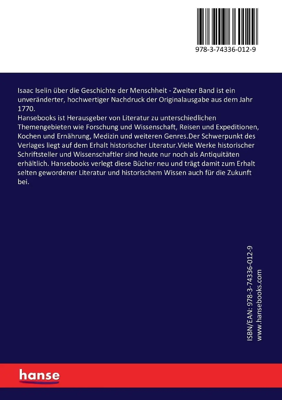 Rückseite: 9783743360129 | Isaac Iselin über die Geschichte der Menschheit | Zweiter Band | Buch