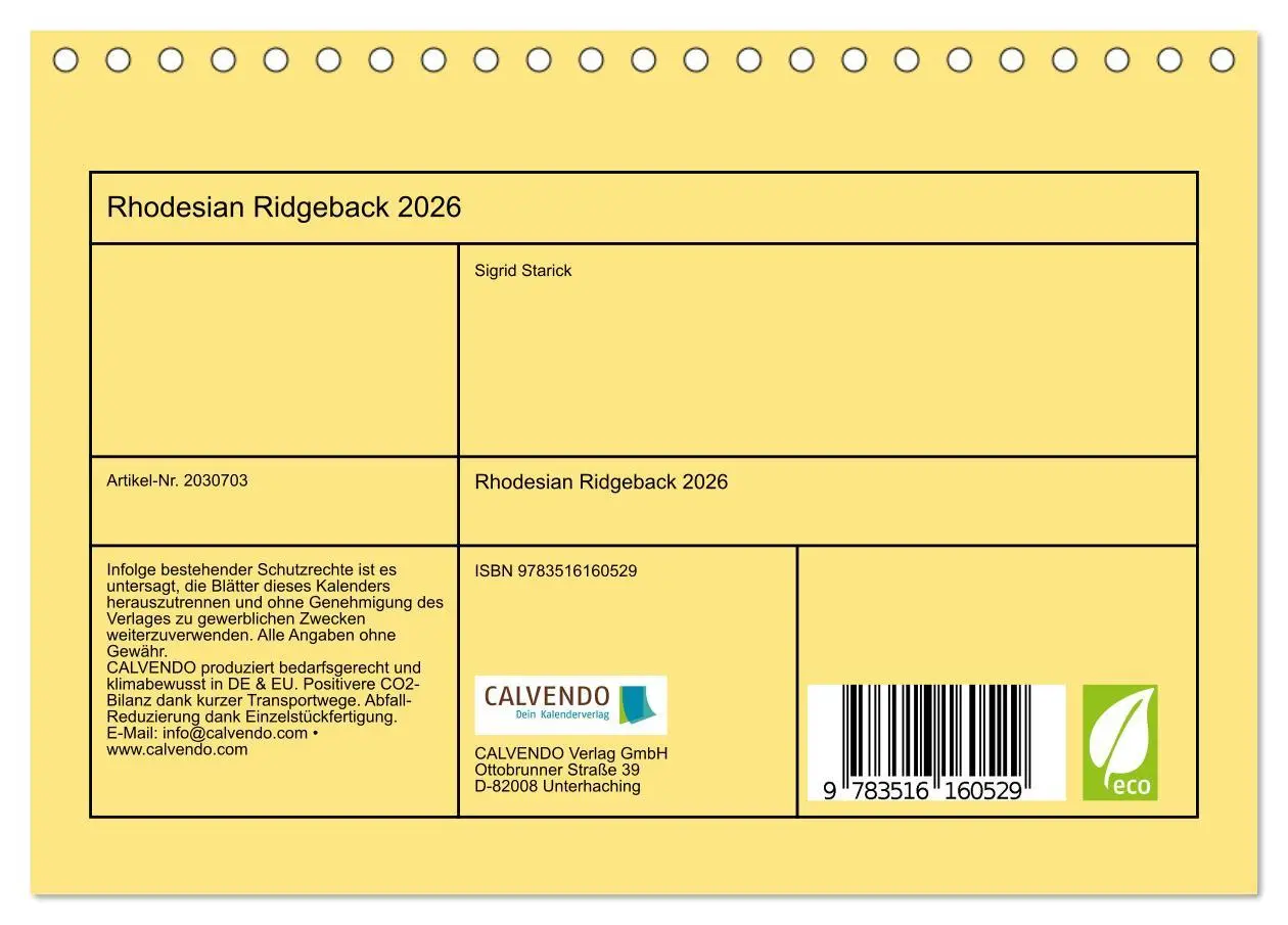 Bild: 9783516160529 | Rhodesian Ridgeback 2026 (Tischkalender 2026 DIN A5 quer), CALVENDO...