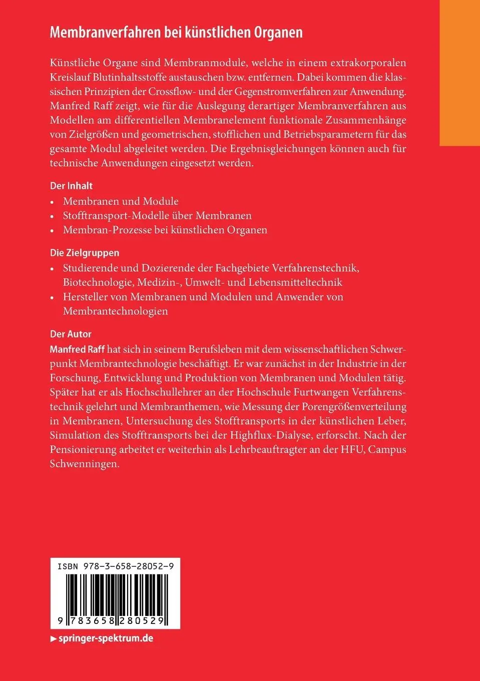 Rückseite: 9783658280529 | Membranverfahren bei künstlichen Organen | Manfred Raff | Taschenbuch