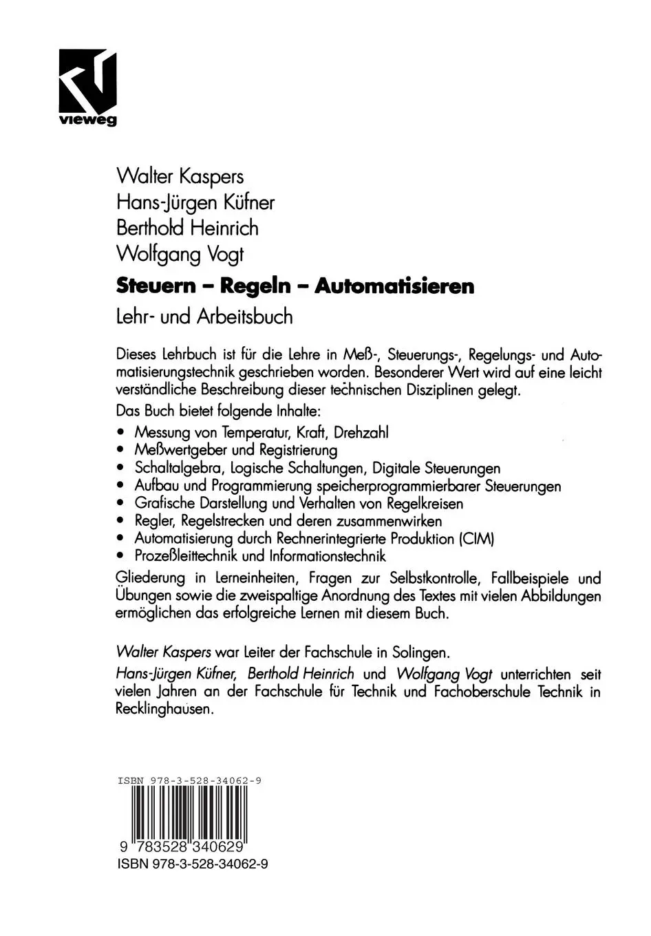 Rückseite: 9783528340629 | Steuern - Regeln - Automatisieren | Lehr- und Arbeitsbuch | Kaspers