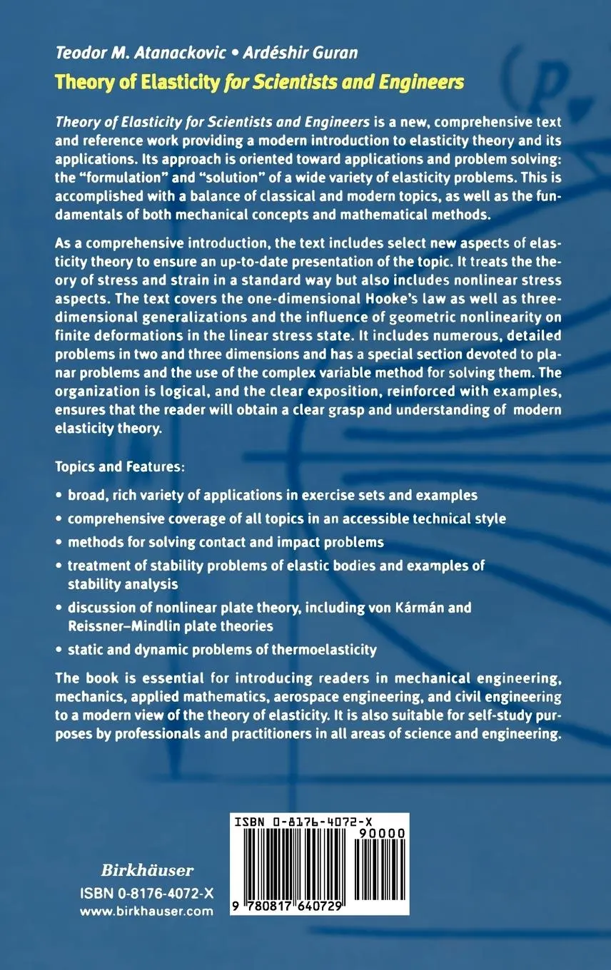 Rückseite: 9780817640729 | Theory of Elasticity for Scientists and Engineers | Guran (u. a.)
