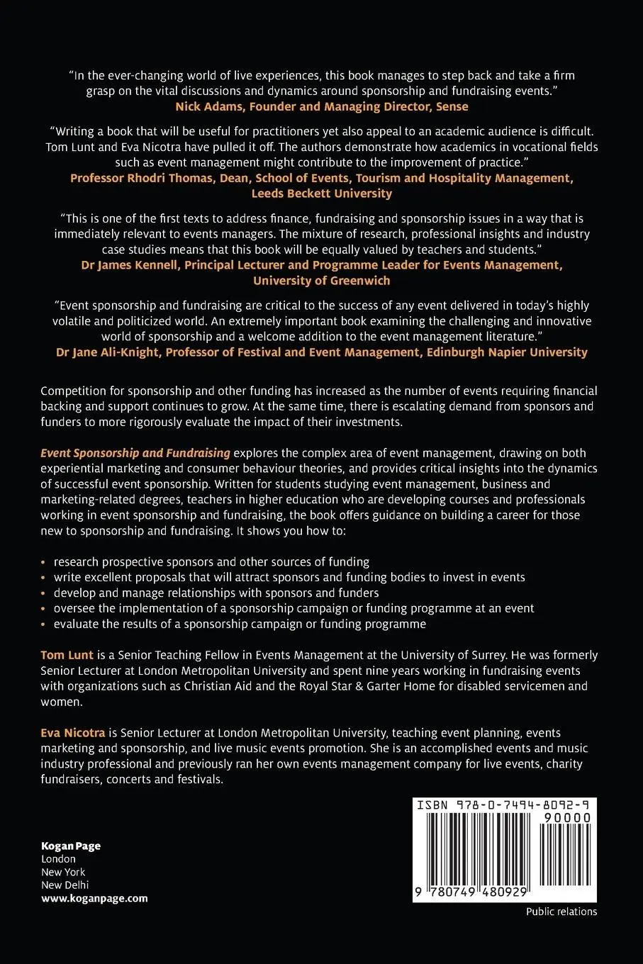 Rückseite: 9780749480929 | Event Sponsorship and Fundraising | An Advanced Guide | Lunt (u. a.)