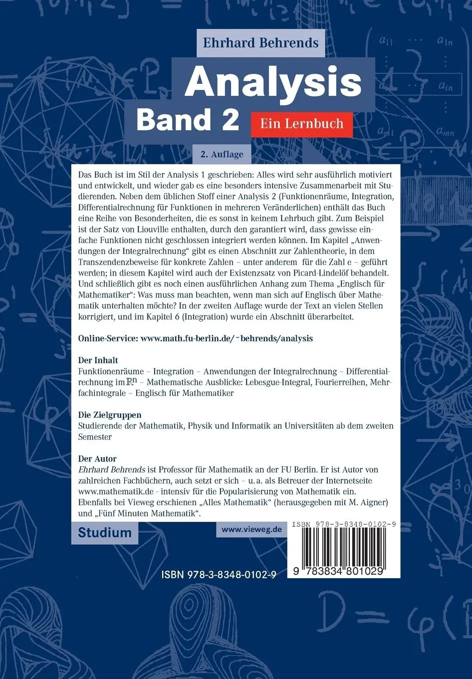 Rückseite: 9783834801029 | Analysis Band 2 | Ein Lernbuch | Ehrhard Behrends | Taschenbuch | xiv