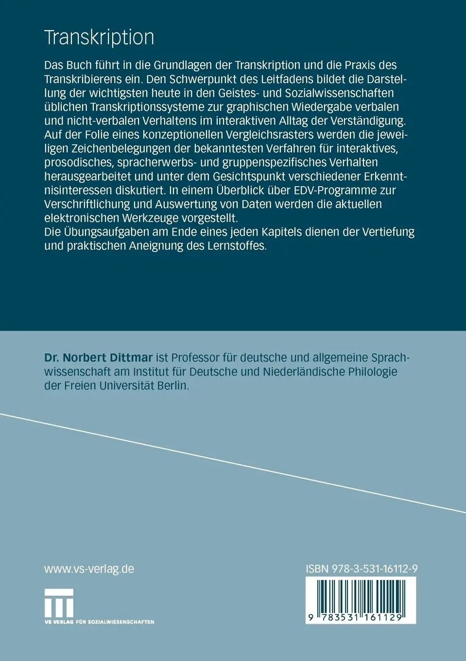 Rückseite: 9783531161129 | Transkription | Norbert Dittmar | Taschenbuch | 242 S. | Deutsch
