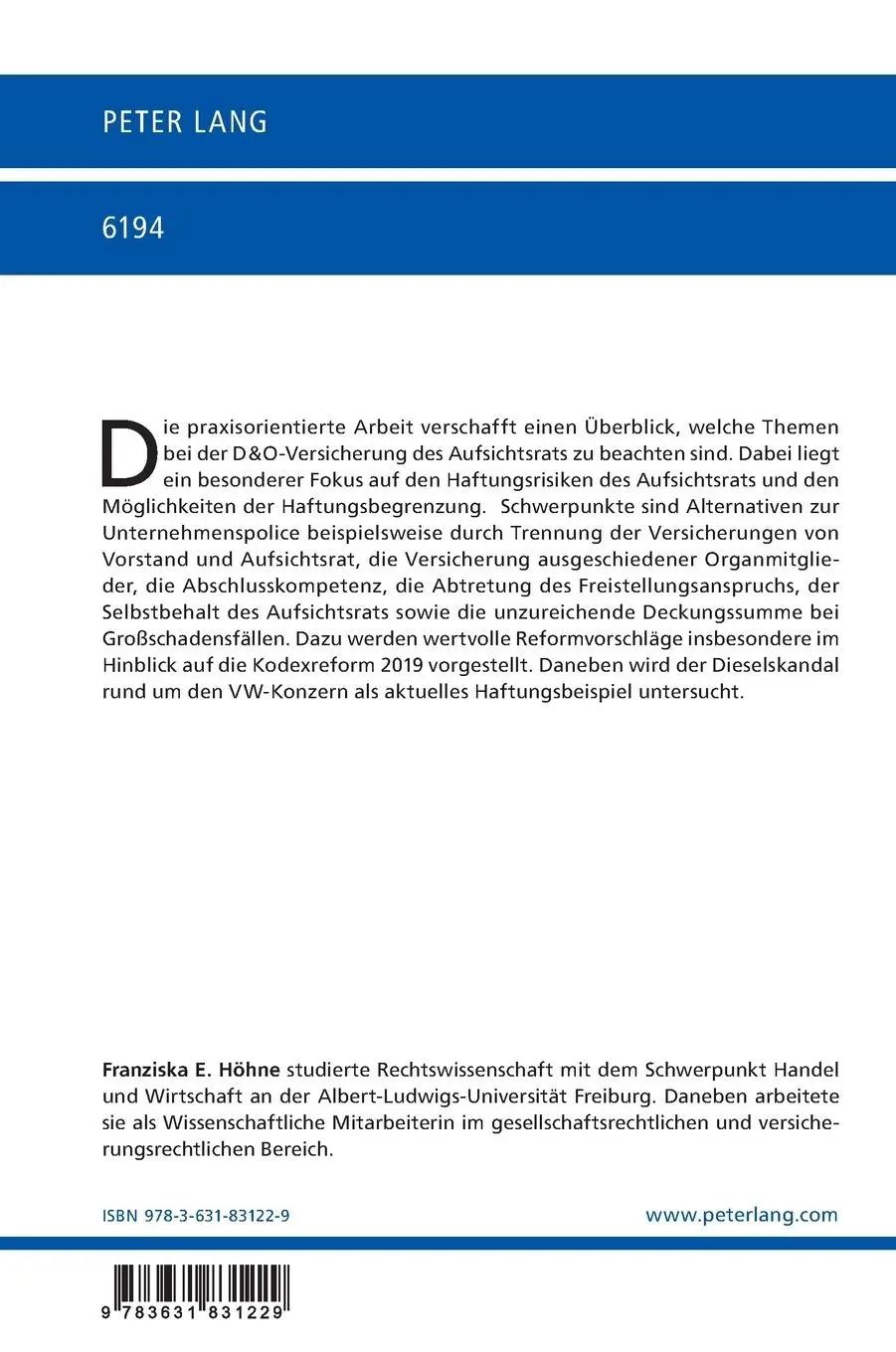 Rückseite: 9783631831229 | Die D&amp;O-Versicherung des Aufsichtsrats | Franziska Höhne | Buch | 2020