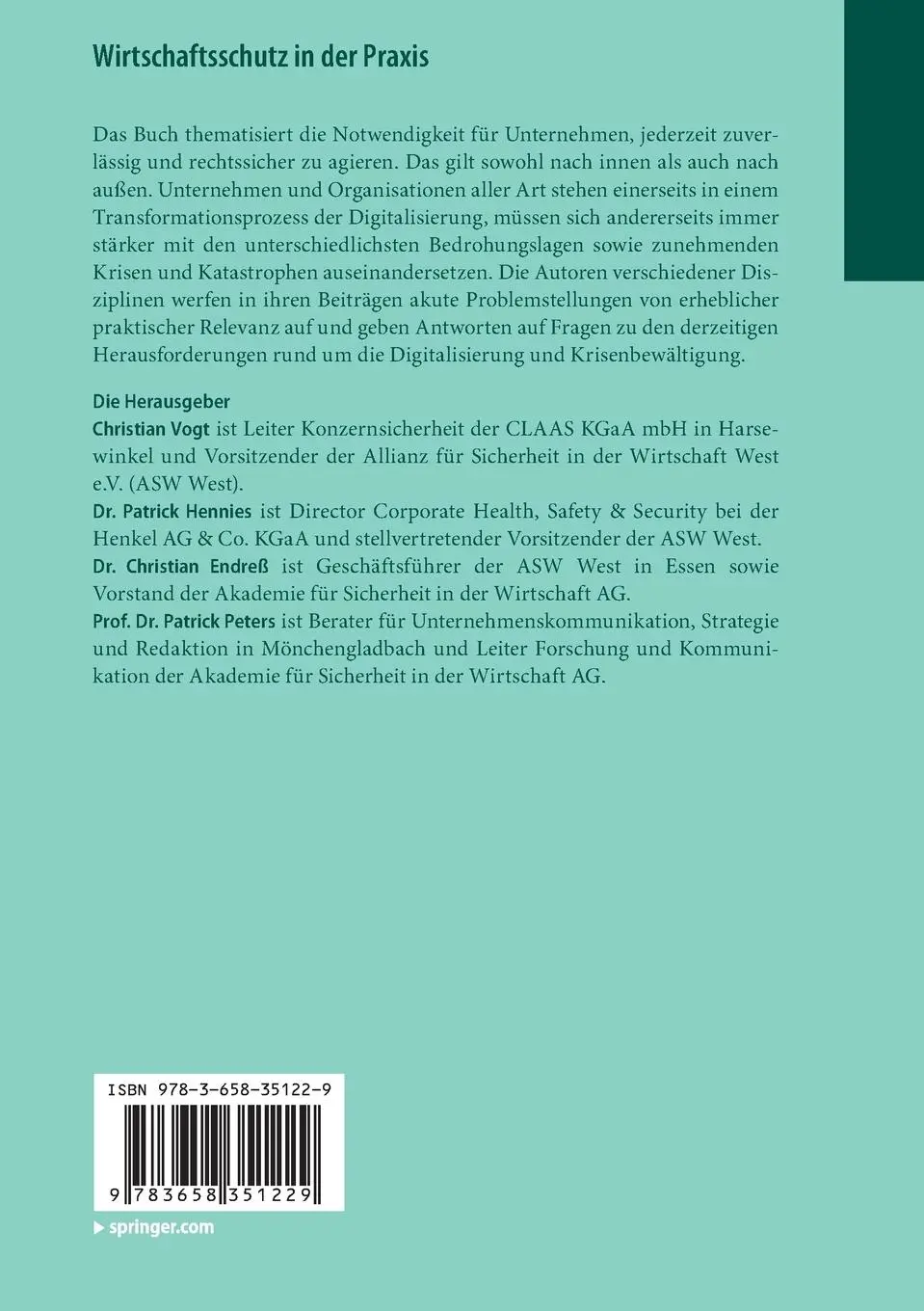 Rückseite: 9783658351229 | Wirtschaftsschutz in der Praxis | Christian Vogt (u. a.) | Taschenbuch