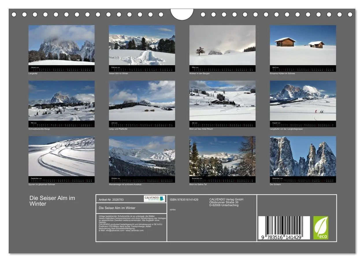 Bild: 9783516141429 | Die Seiser Alm im Winter (Wandkalender 2026 DIN A4 quer), CALVENDO...