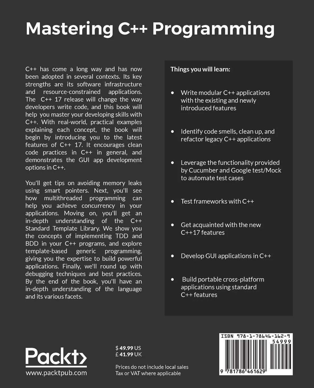 Rückseite: 9781786461629 | Mastering C++ Programming | Modern C++ 17 at your fingertips | Buch