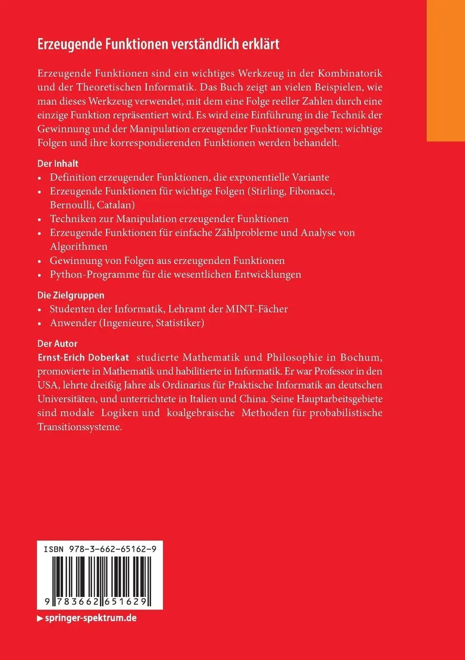 Rückseite: 9783662651629 | Erzeugende Funktionen verständlich erklärt | Ernst-Erich Doberkat