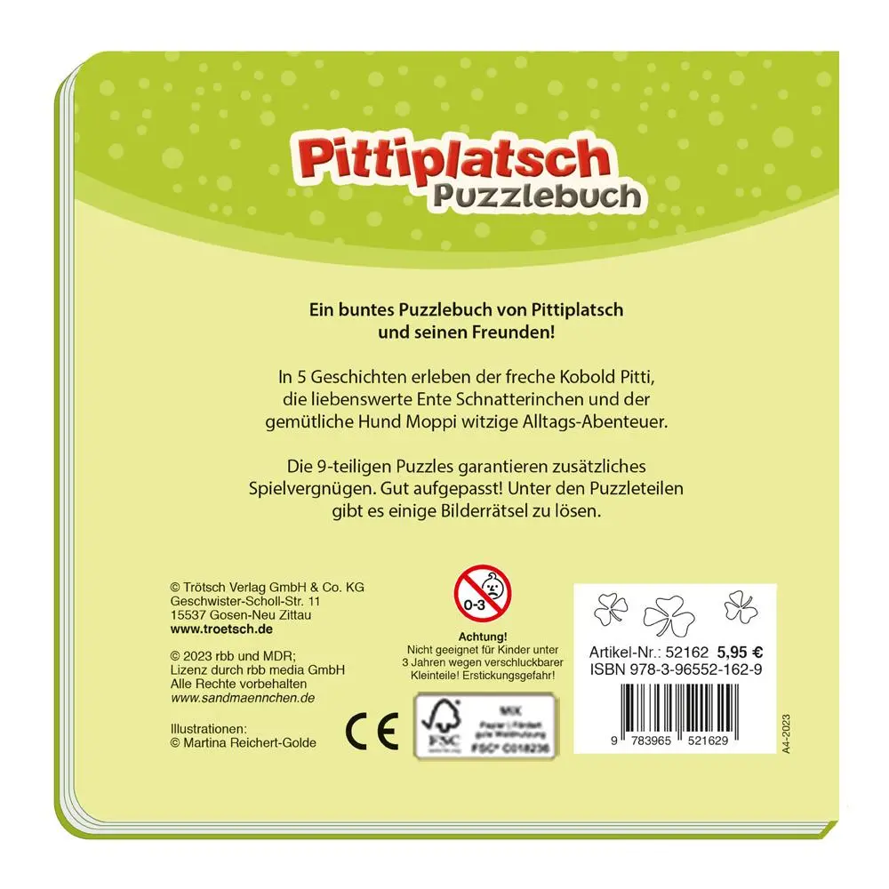 Rückseite: 9783965521629 | Trötsch Unser Sandmännchen Puzzlebuch mit 4 Puzzle Pittiplatsch | KG