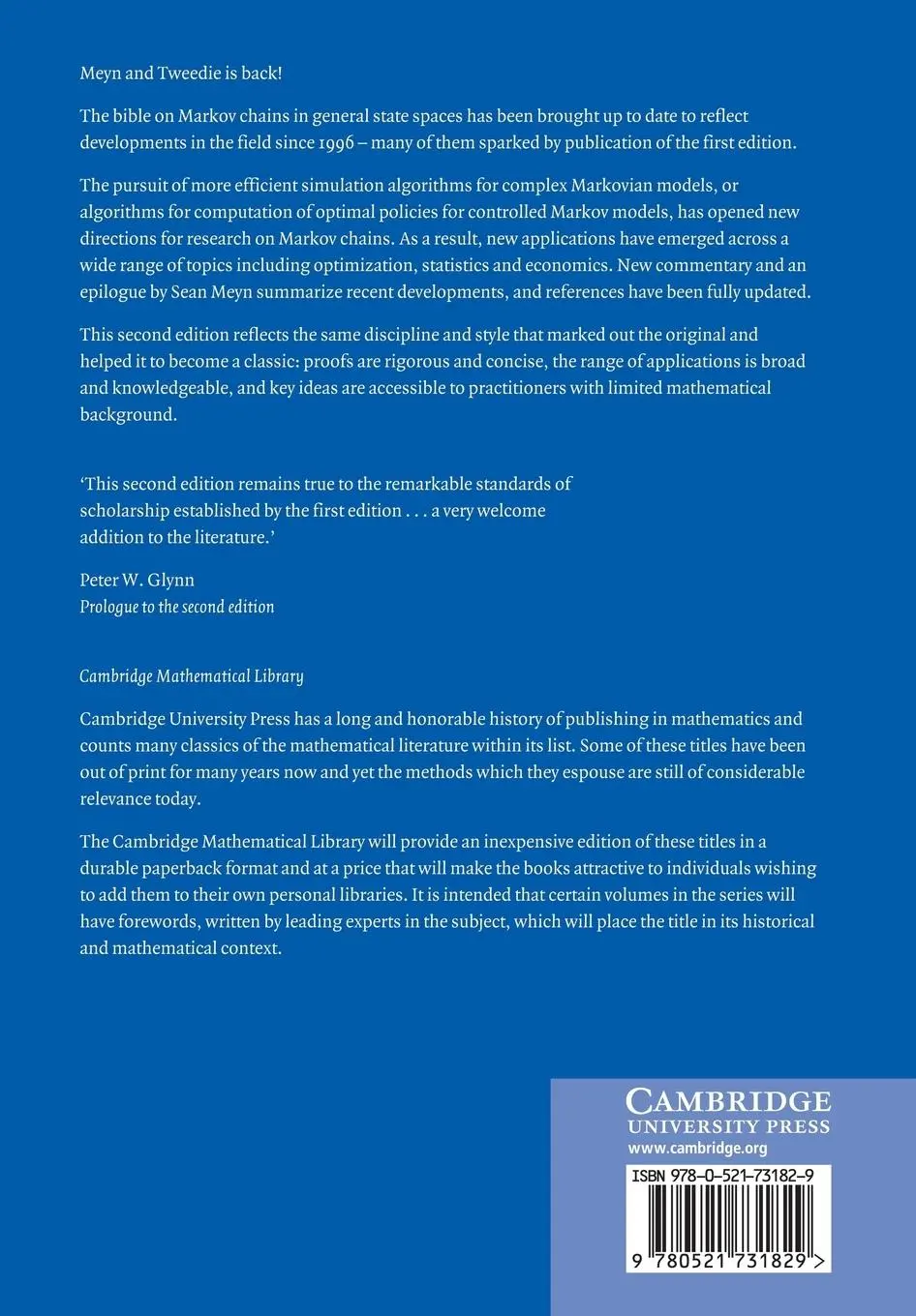 Rückseite: 9780521731829 | Markov Chains and Stochastic Stability | Sean Meyn (u. a.) | Buch