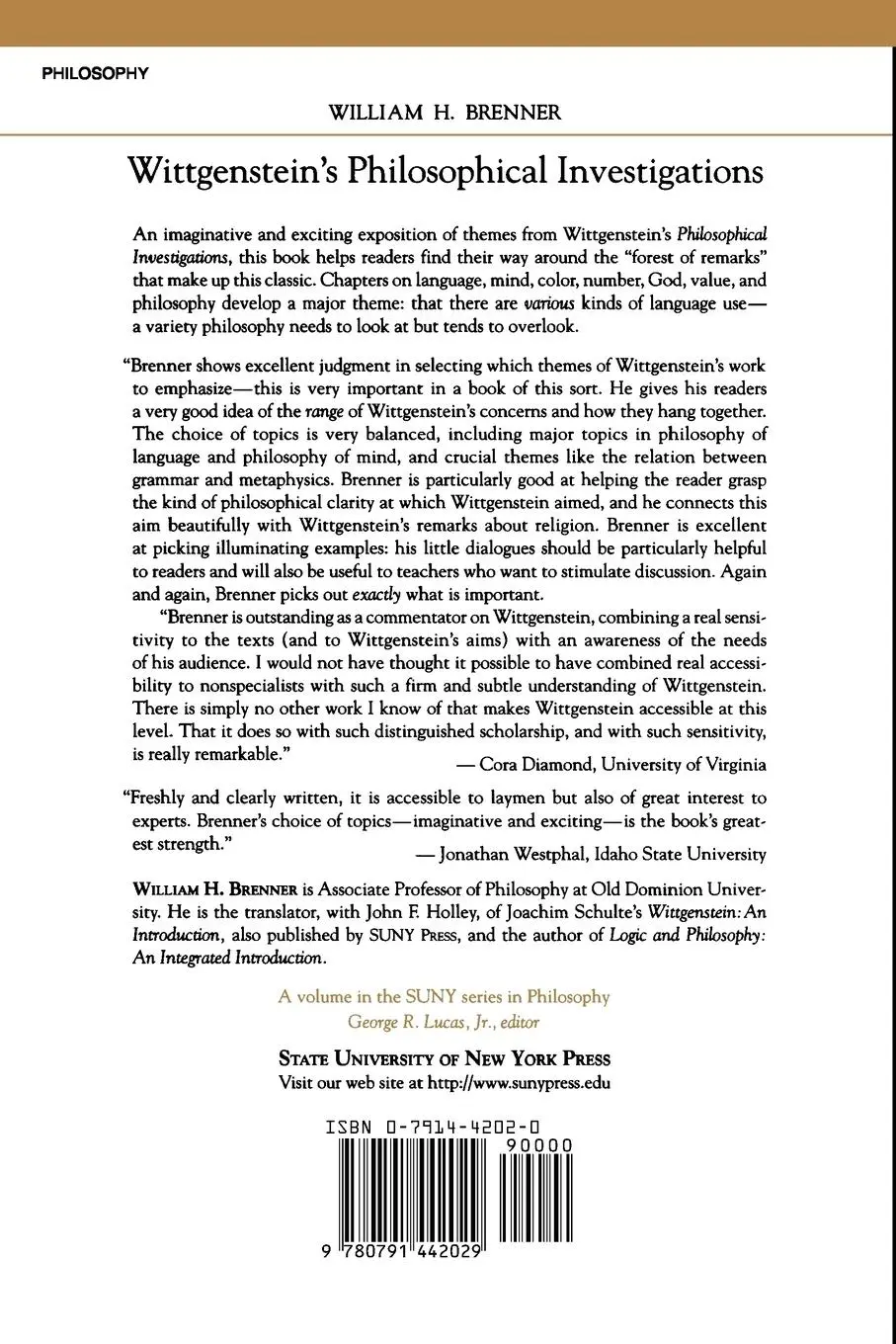 Rückseite: 9780791442029 | Wittgenstein's Philosophical Investigations | William H. Brenner