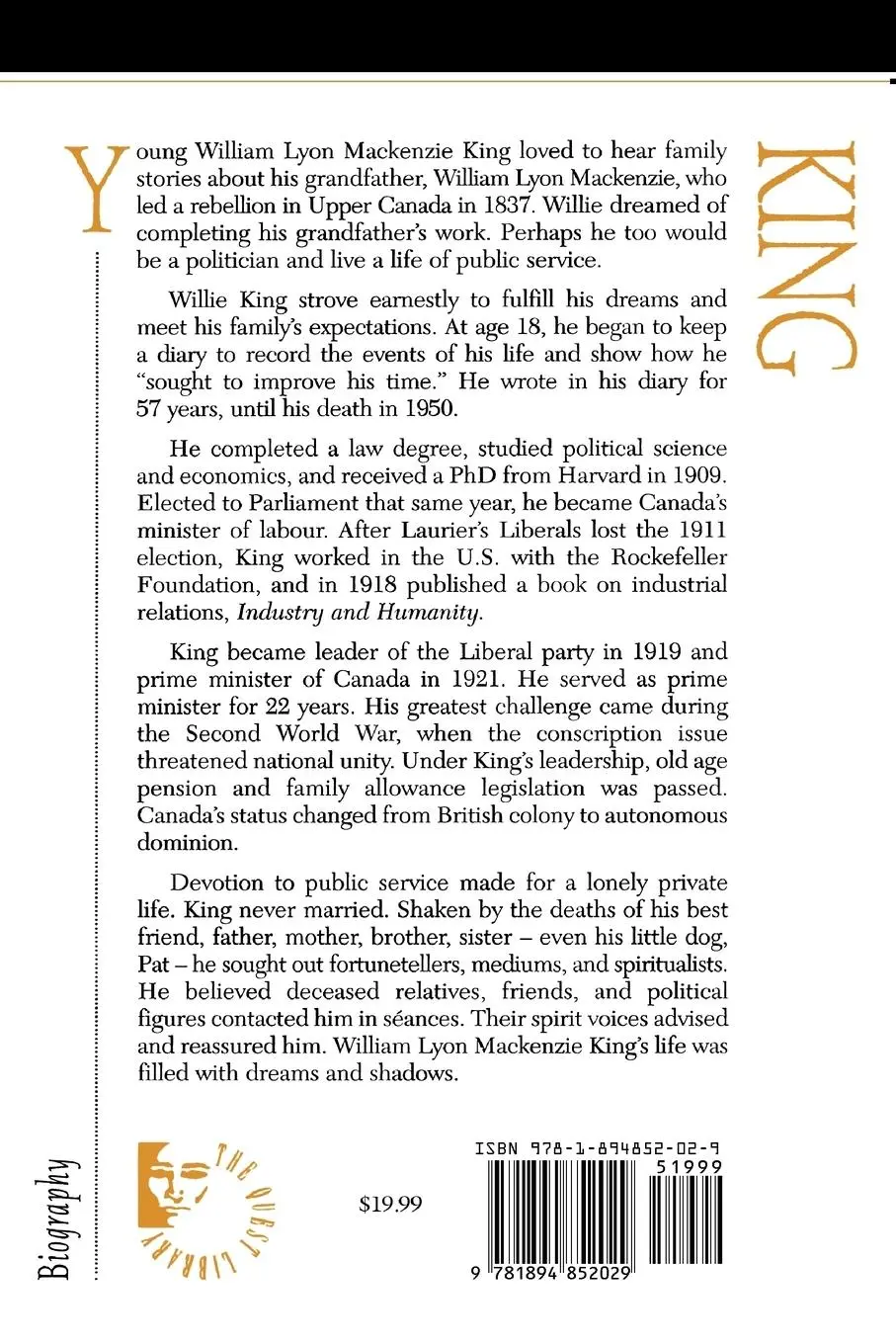 Rückseite: 9781894852029 | William Lyon MacKenzie King | Dreams and Shadows | Goodall (u. a.)