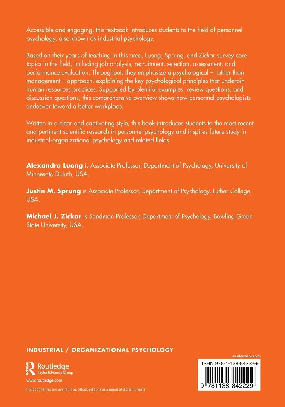 Rückseite: 9781138842229 | Personnel Psychology | Alexandra Luong (u. a.) | Taschenbuch | 2023