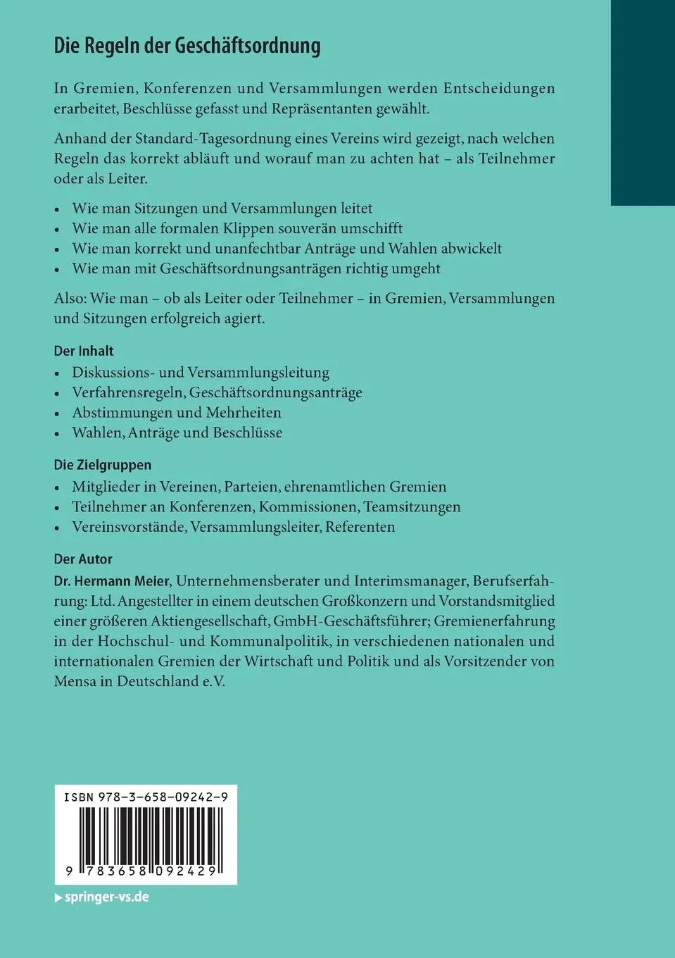 Rückseite: 9783658092429 | Die Regeln der Geschäftsordnung | Hermann Meier | Taschenbuch | x