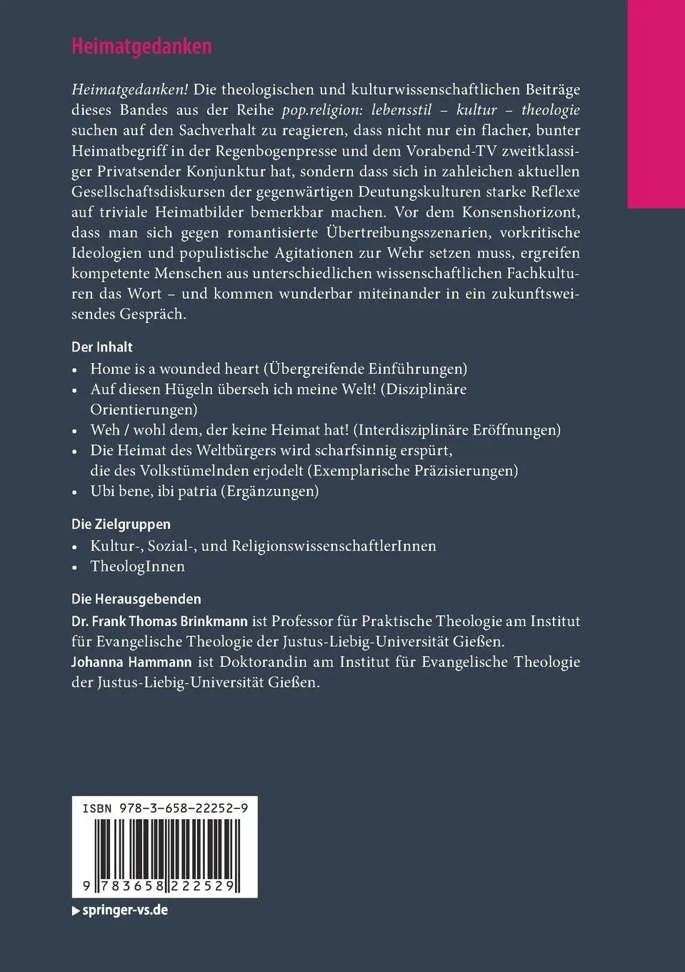 Rückseite: 9783658222529 | Heimatgedanken | Theologische und kulturwissenschaftliche Beiträge