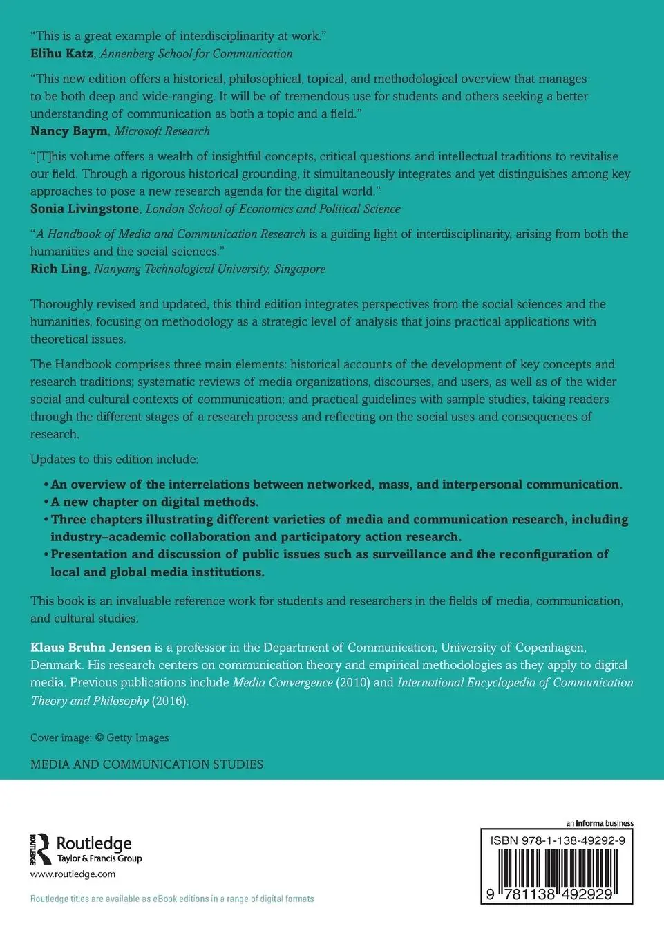 Rückseite: 9781138492929 | A Handbook of Media and Communication Research | Klaus Bruhn Jensen