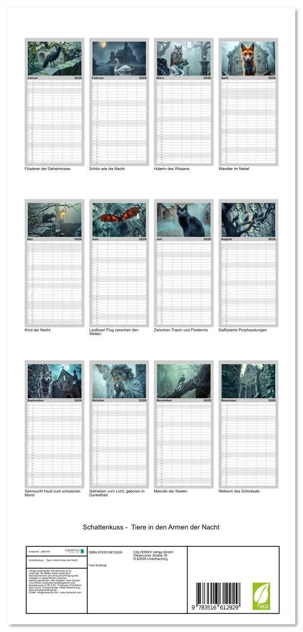 Bild: 9783516612929 | Familienplaner 2026 - Schattenkuss - Tiere in den Armen der Nacht...