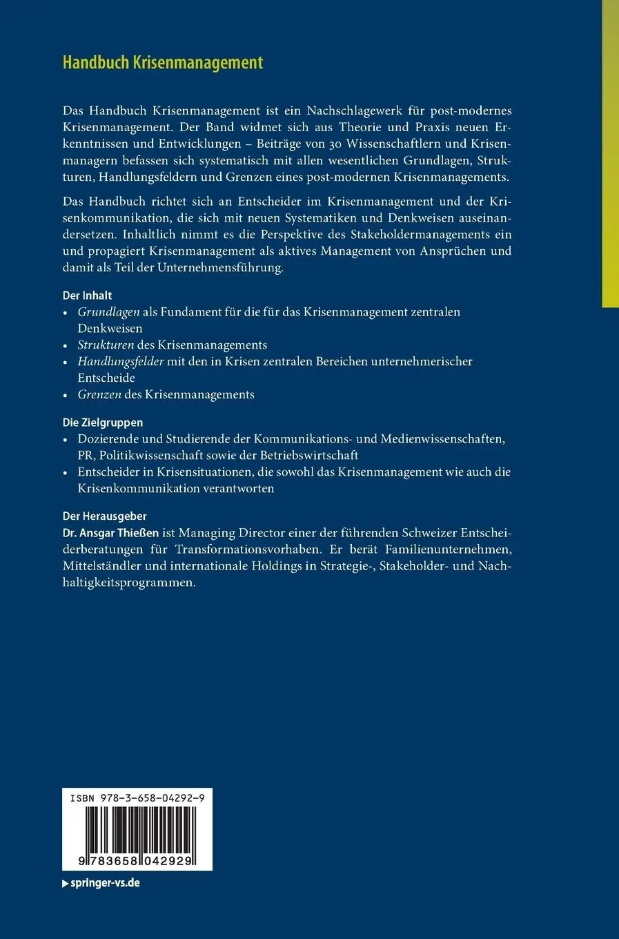 Rückseite: 9783658042929 | Handbuch Krisenmanagement | Ansgar Thießen | Buch | xvii | Deutsch