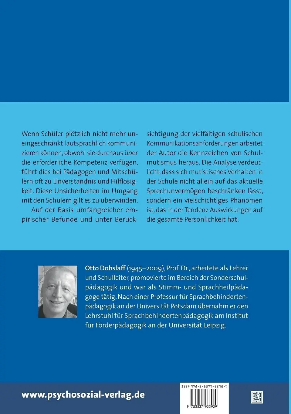Rückseite: 9783837922929 | Mutismus in der Schule | Erscheinung und Therapie | Otto Dobslaff