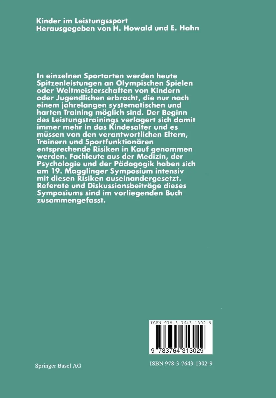 Rückseite: 9783764313029 | Kinder im Leistungssport | 19. Magglinger Symposium 1980 | Taschenbuch