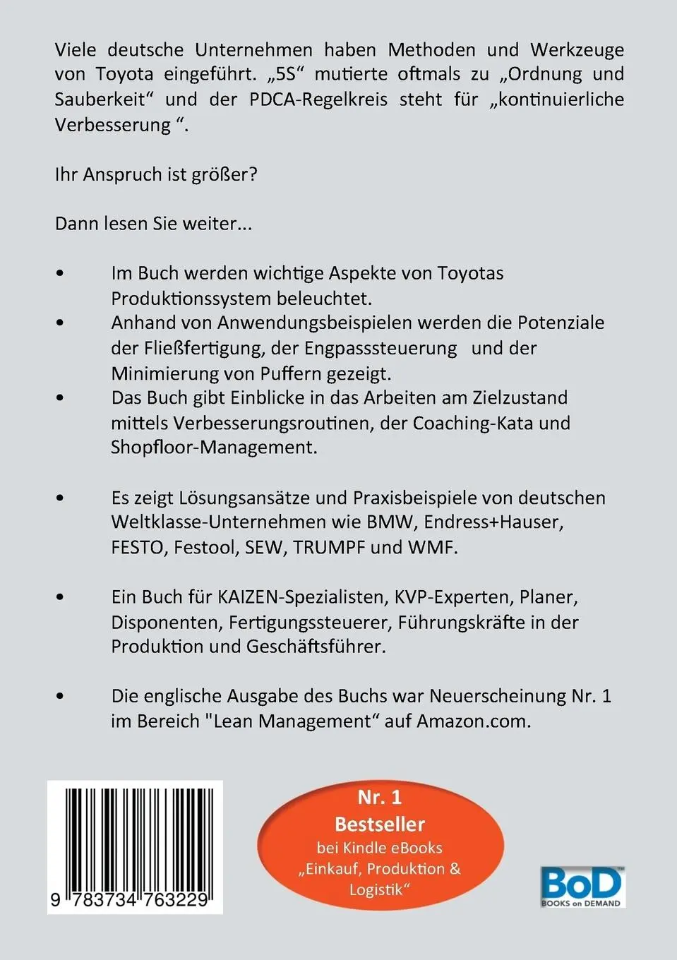 Rückseite: 9783734763229 | Produktionssystem, Fertigungssteuerung, Toyota und Kata | Andre Kürzel