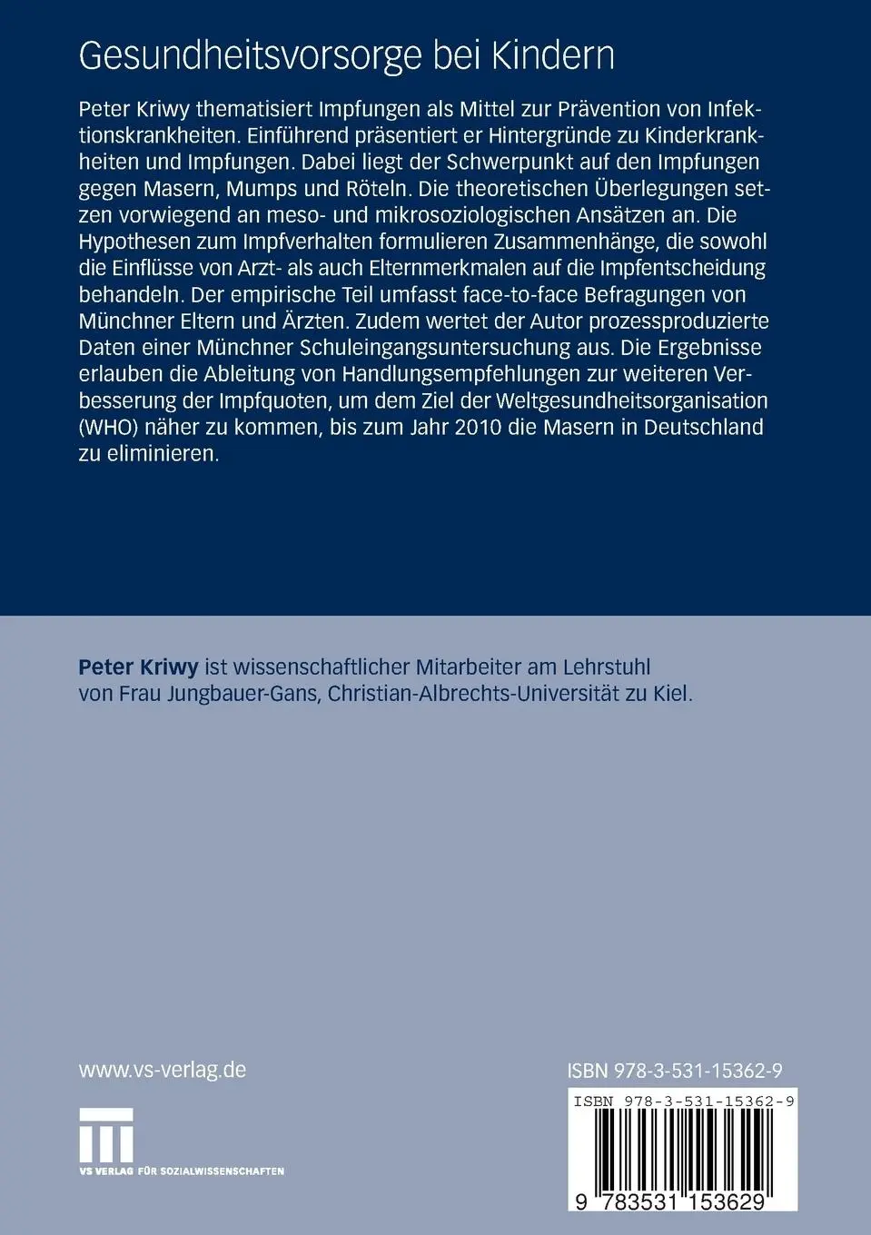 Rückseite: 9783531153629 | Gesundheitsvorsorge bei Kindern | Peter Kriwy | Taschenbuch | xii