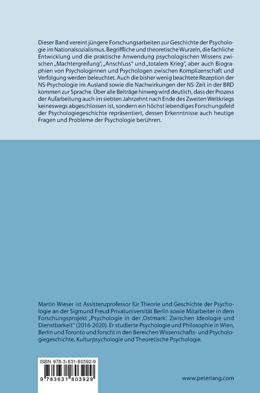 Rückseite: 9783631803929 | Psychologie im Nationalsozialismus | Martin Wieser | Buch | 280 S.