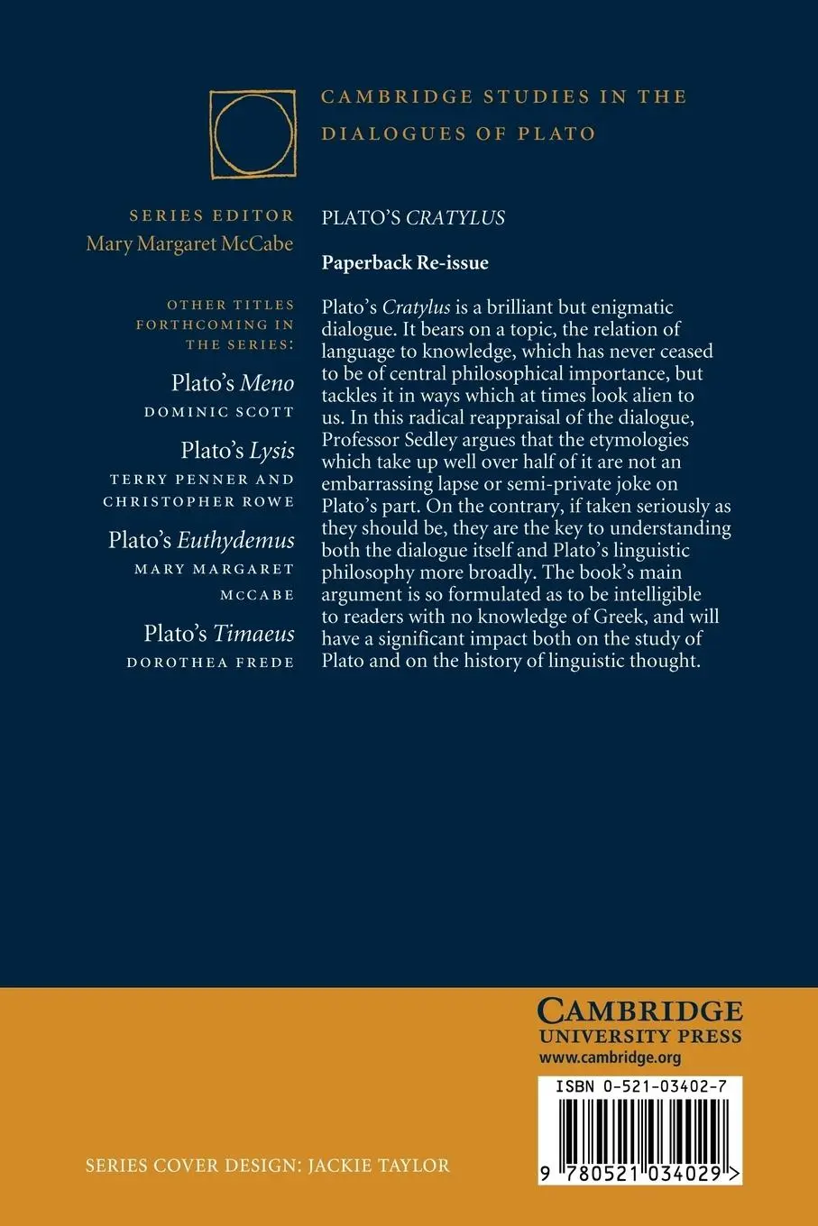 Rückseite: 9780521034029 | Plato's Cratylus | David Sedley | Taschenbuch | Englisch | 2007