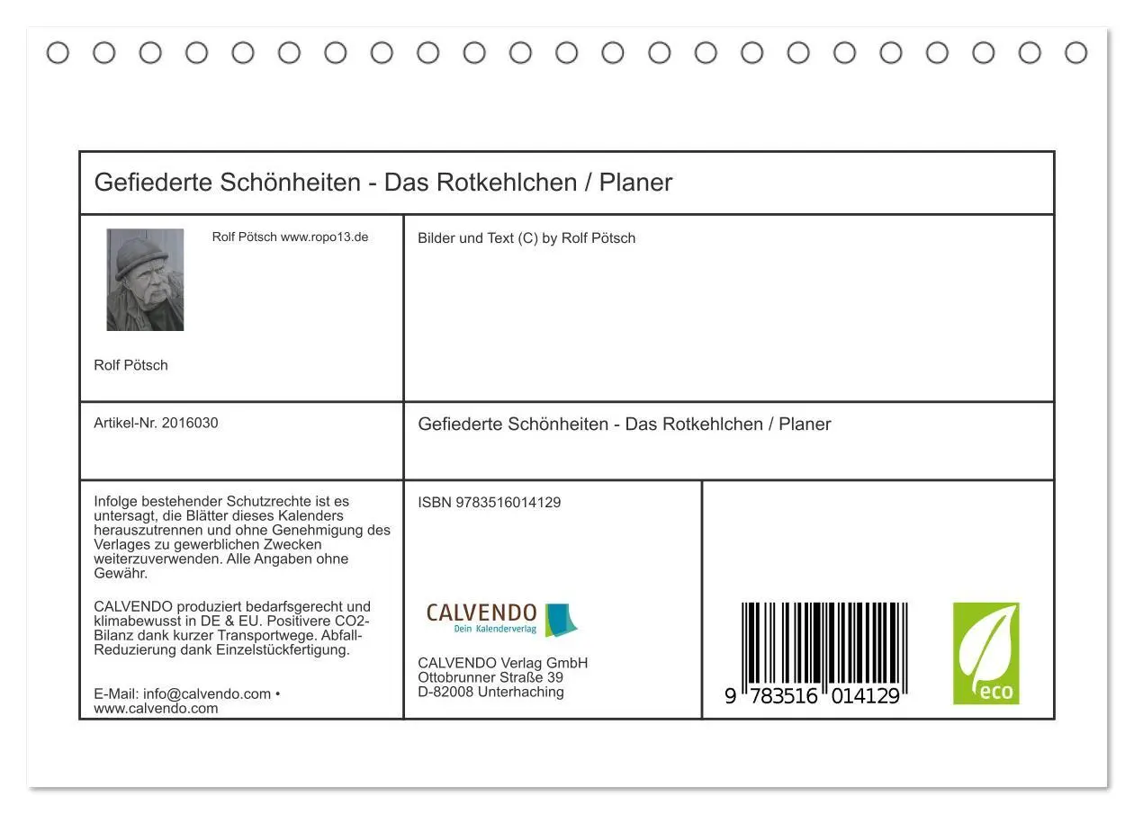 Bild: 9783516014129 | Gefiederte Schönheiten - Das Rotkehlchen / Planer (Tischkalender...