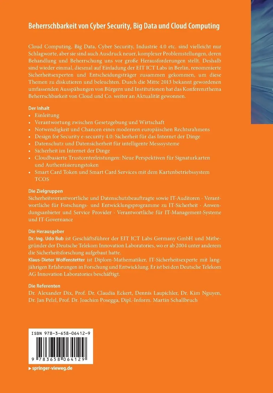 Rückseite: 9783658064129 | Beherrschbarkeit von Cyber Security, Big Data und Cloud Computing | xi