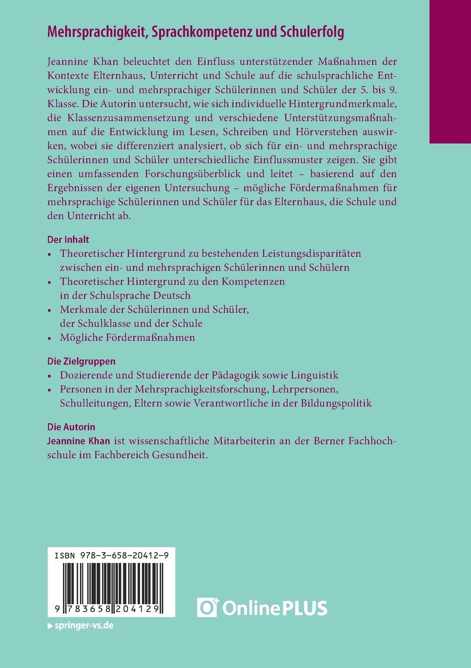 Rückseite: 9783658204129 | Mehrsprachigkeit, Sprachkompetenz und Schulerfolg | Jeannine Khan