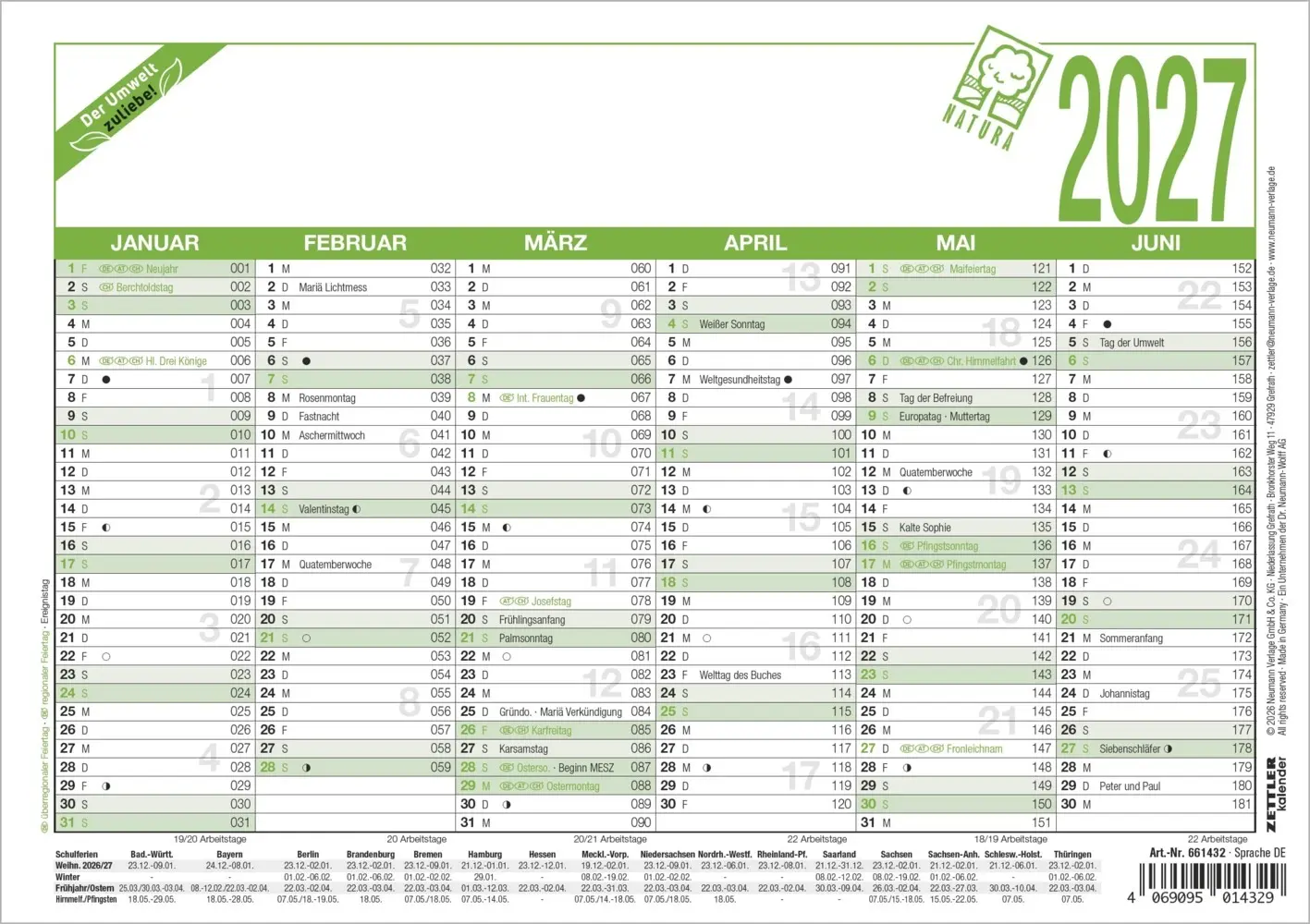 Cover: 4069095014329 | Arbeitstagekalender A5 Blauer Engel 2027 | Kalender | 1 S. | Deutsch