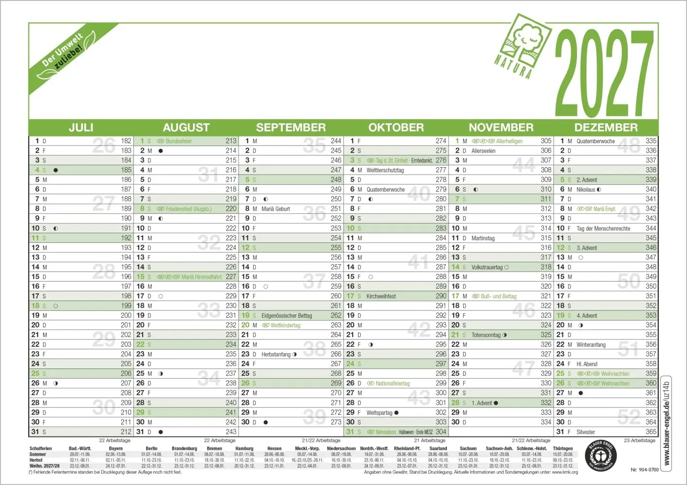 Bild: 4069095014329 | Arbeitstagekalender A5 Blauer Engel 2027 | Kalender | 1 S. | Deutsch