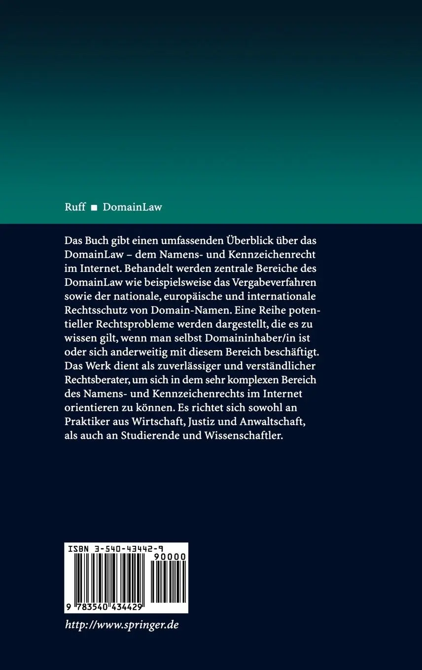 Rückseite: 9783540434429 | DomainLaw | Der Rechtsschutz von Domain-Namen im Internet | Ruff | xxi