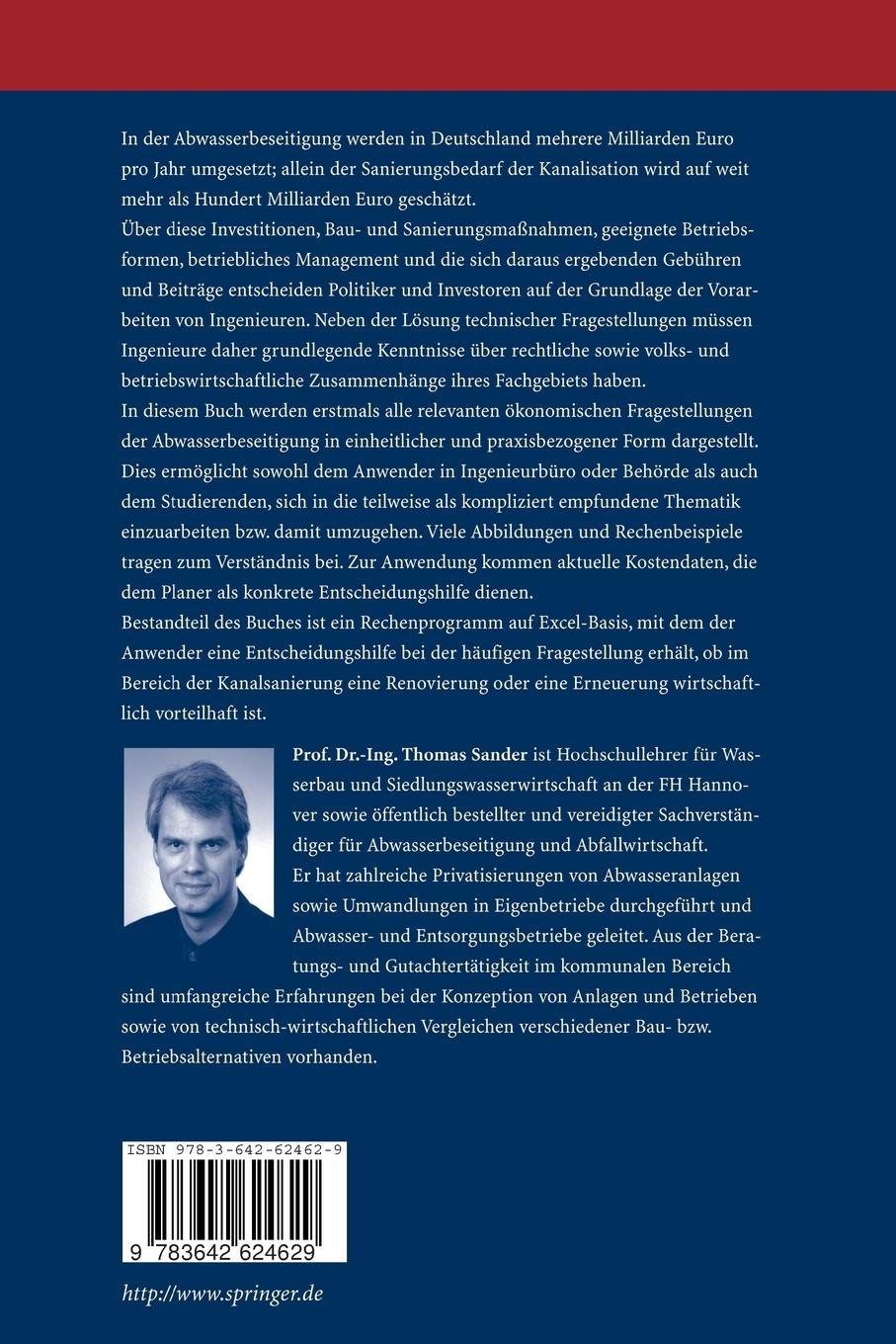 Rückseite: 9783642624629 | Ökonomie der Abwasserbeseitigung | Thomas Sander | Taschenbuch | xxiii