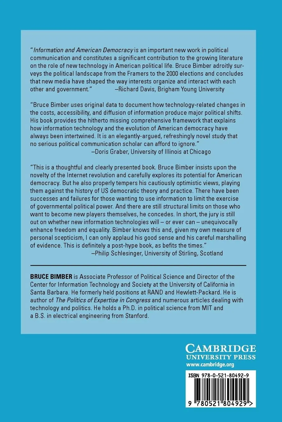 Rückseite: 9780521804929 | Information and American Democracy | Bruce Bimber | Taschenbuch | 2003