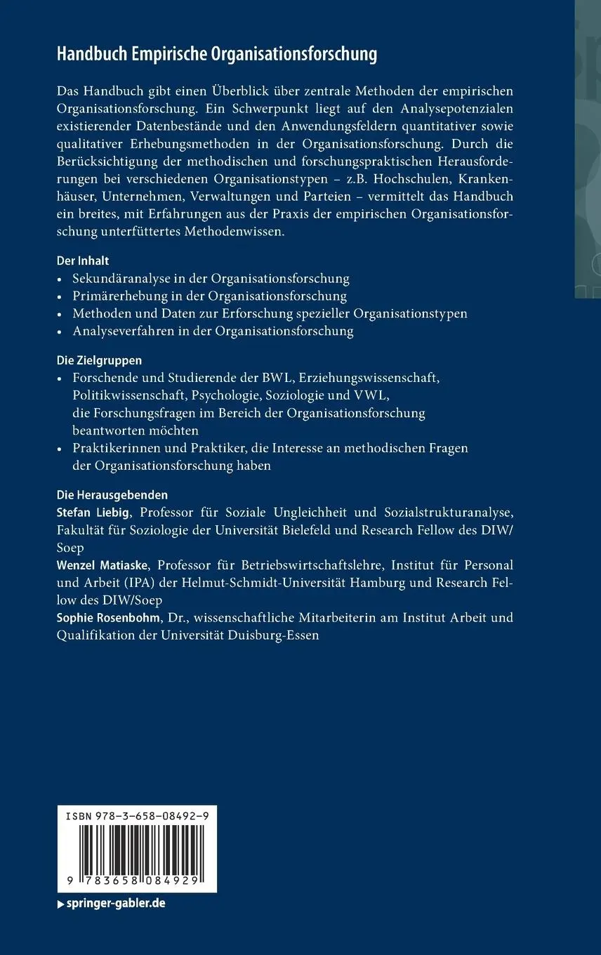 Rückseite: 9783658084929 | Handbuch Empirische Organisationsforschung | Stefan Liebig (u. a.)