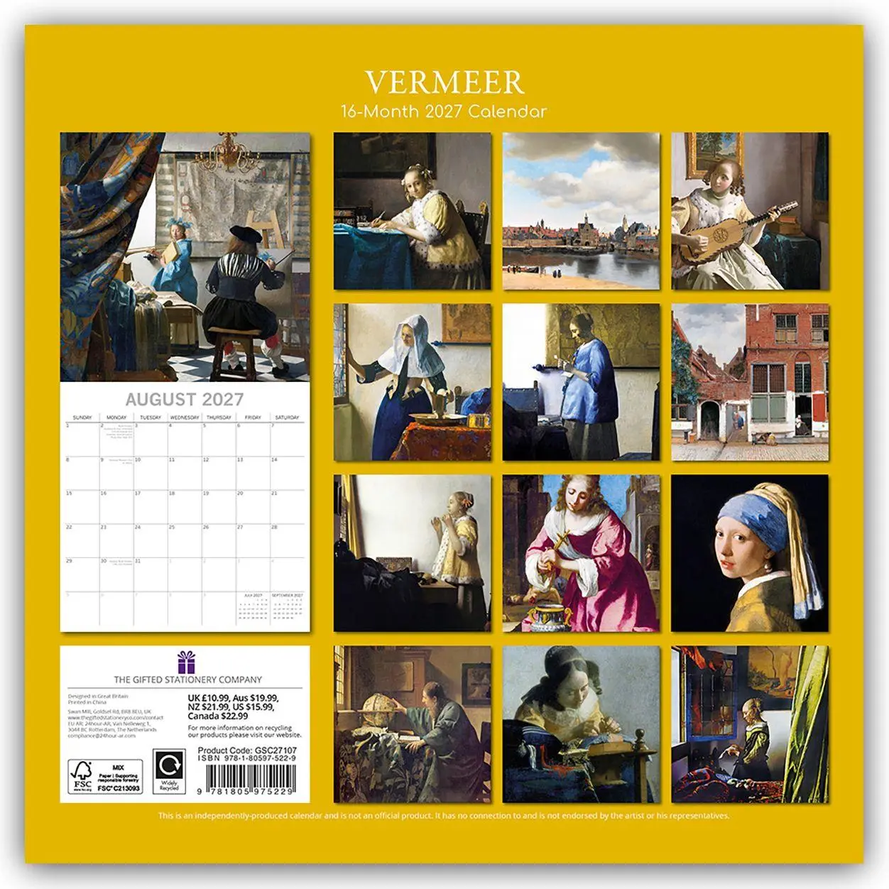 Rückseite: 9781805975229 | Vermeer - Jan Vermeer - Kunstkalender 2027 16-Monatskalender | Gifted