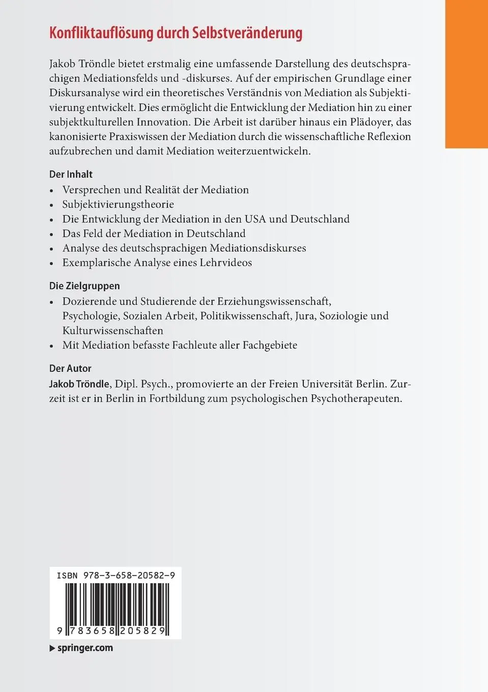 Rückseite: 9783658205829 | Konfliktauflösung durch Selbstveränderung | Jakob Tröndle | Buch | xii